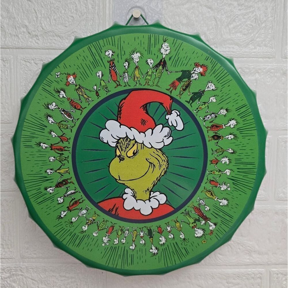 Dr. Seuss' GRINCH Who Stole Christmas Round Metal Bottle Cap Sign Decor 11.6"NEW